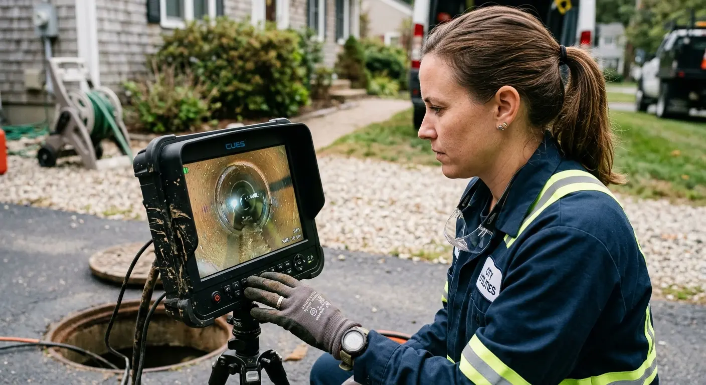 Technician reviewing sewer camera inspection footage in Alma