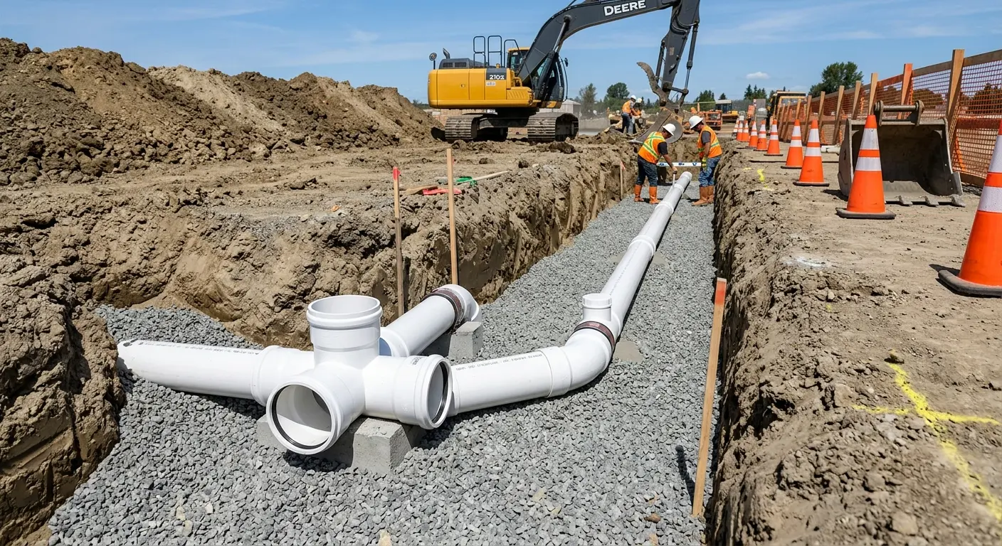 New PVC sewer pipe installation in open trench for Sewer Backup in Alma