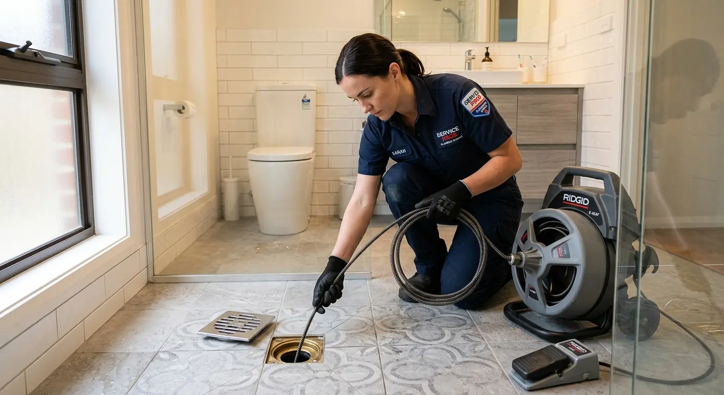 Technician clearing a bathroom floor drain for Hydro Jetting in Alma